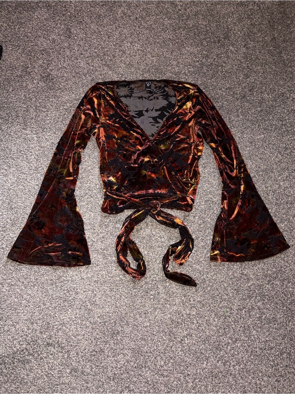 Windsor Rust Multi Floral Velvet Wrap Bell Sleeve Whimsigoth Crop Top